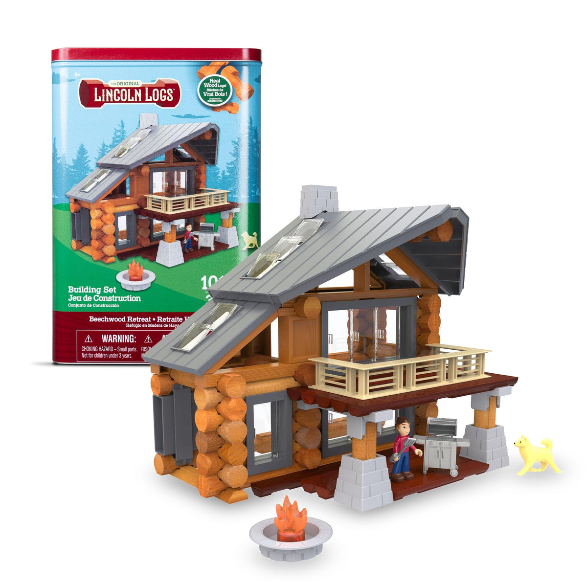 Lincoln Logs Beechwood Retreat cabin designs with real wood logs for imaginative building.