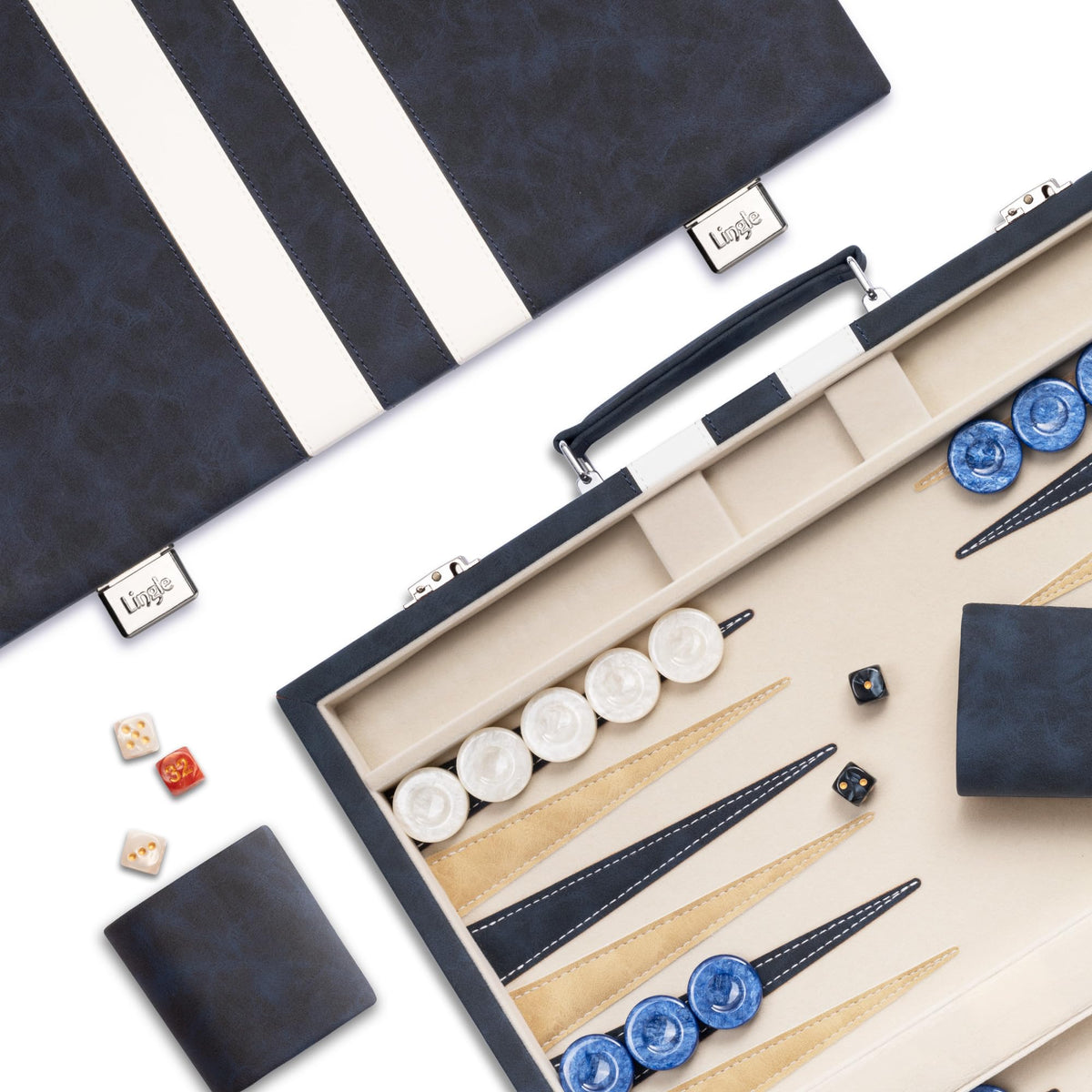 Lingle backgammon 15-inch blue folding case shows portable storage for travel