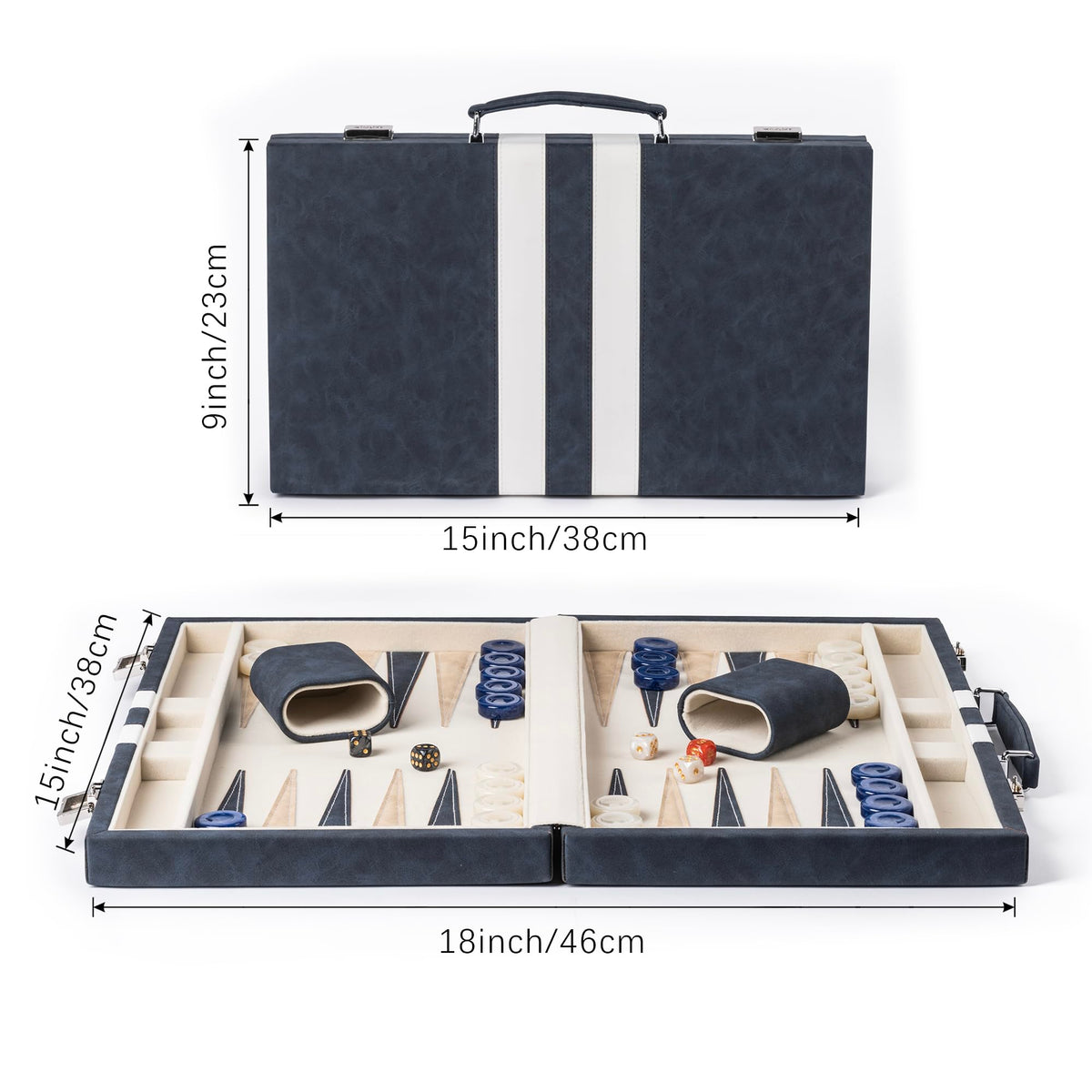 Lingle backgammon 15-inch blue logo on latches adds stylish branding
