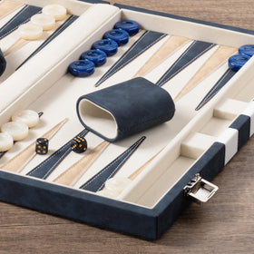 Lingle backgammon 15-inch blue opened case reveals velvet interior for premium play