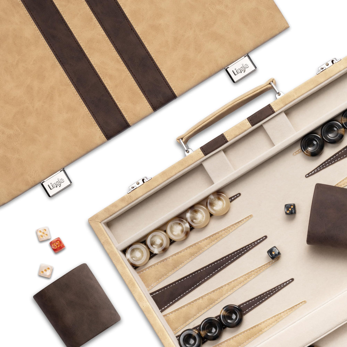 Lingle backgammon 15-inch folded case with faux leather exterior for elegant storage.
