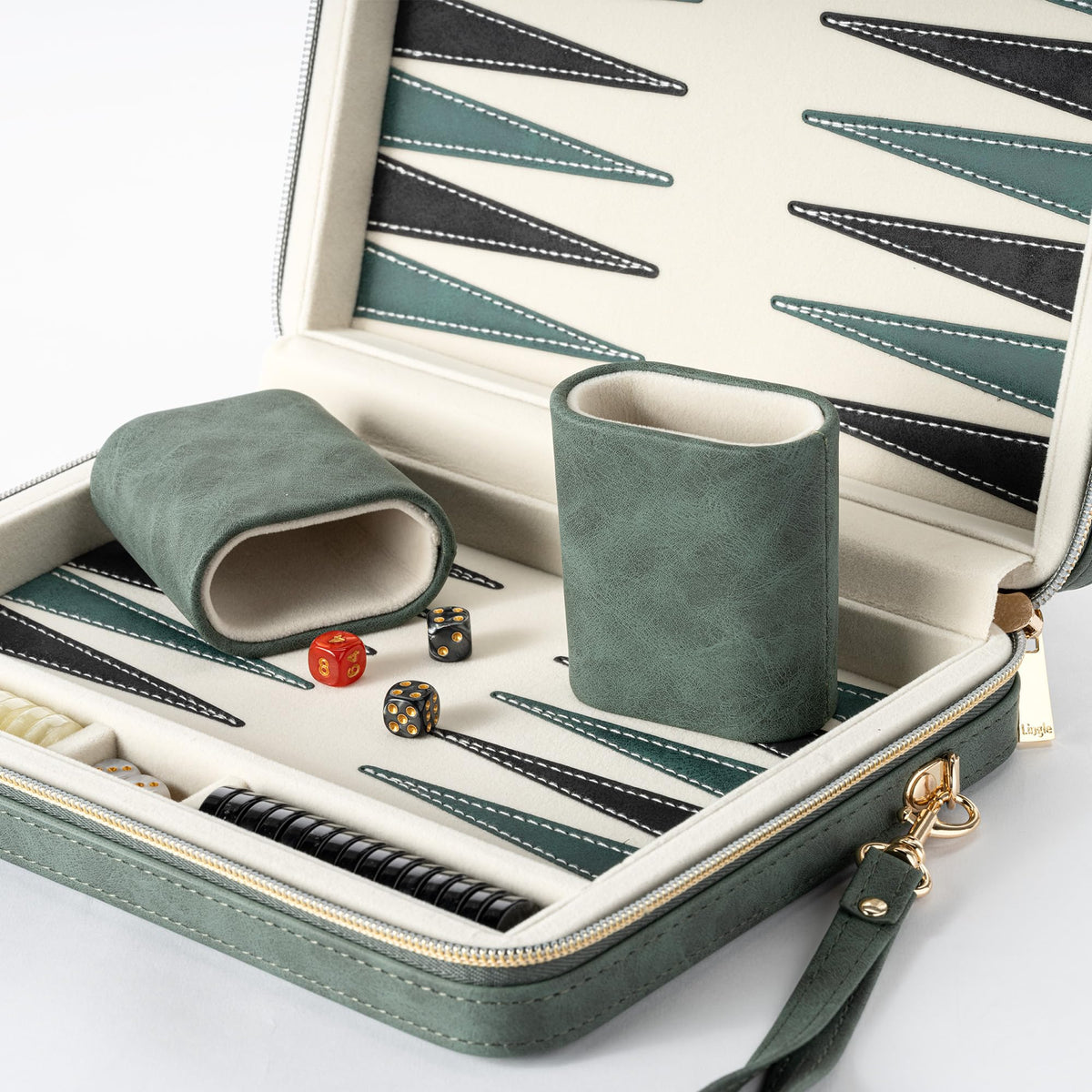 Lingle backgammon open case showing compact board in green