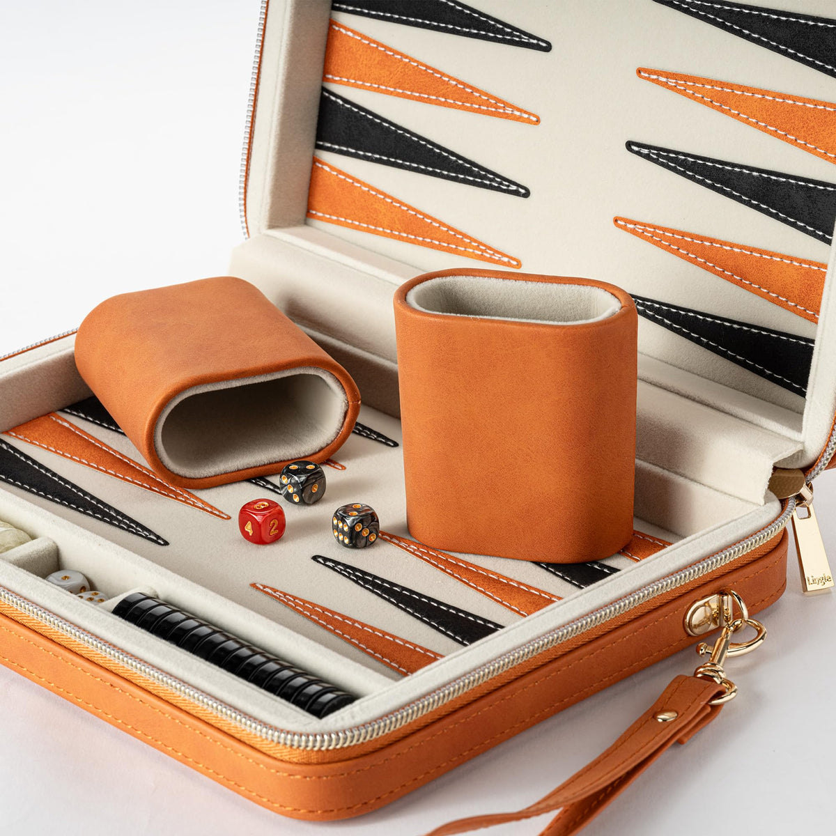 Lingle backgammon orange folding case open, ready for play