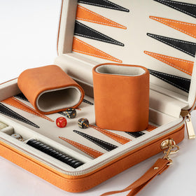 Lingle backgammon orange folding case open, ready for play
