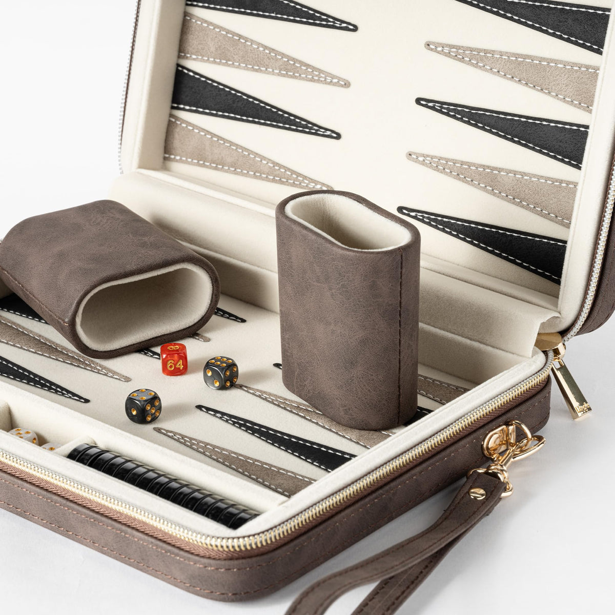 Lingle backgammon set open view showing compartments and components