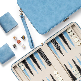Lingle backgammon set folded faux leather case for easy storage.