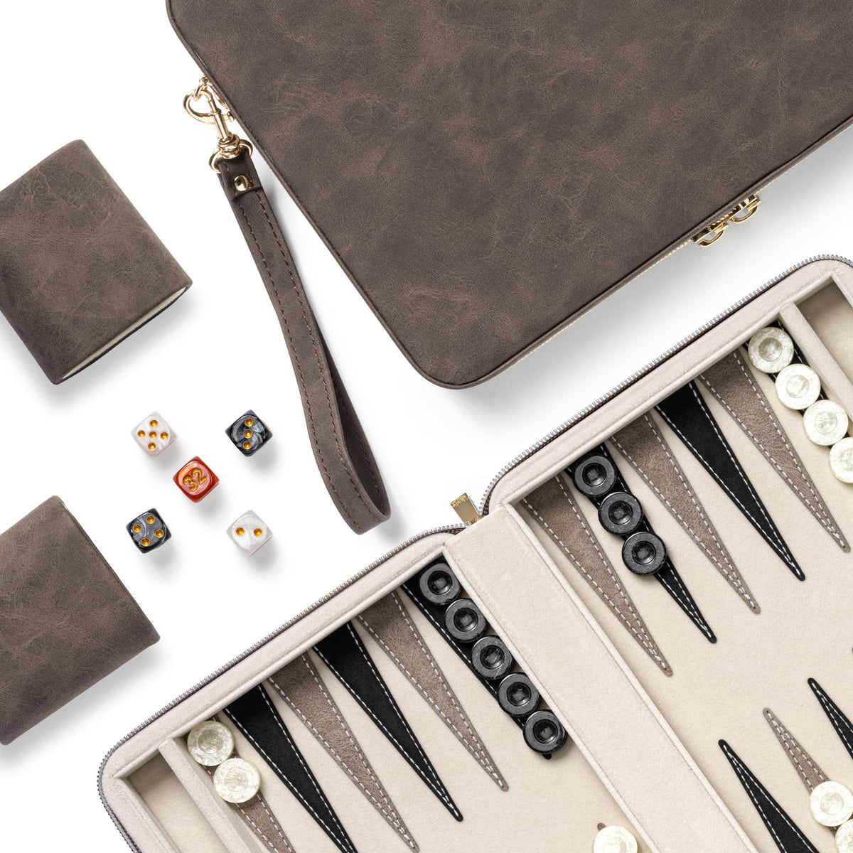 Lingle backgammon set brown faux leather case closed for travel use