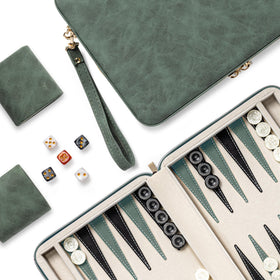 Lingle backgammon set with folding faux leather case in green, travel-ready