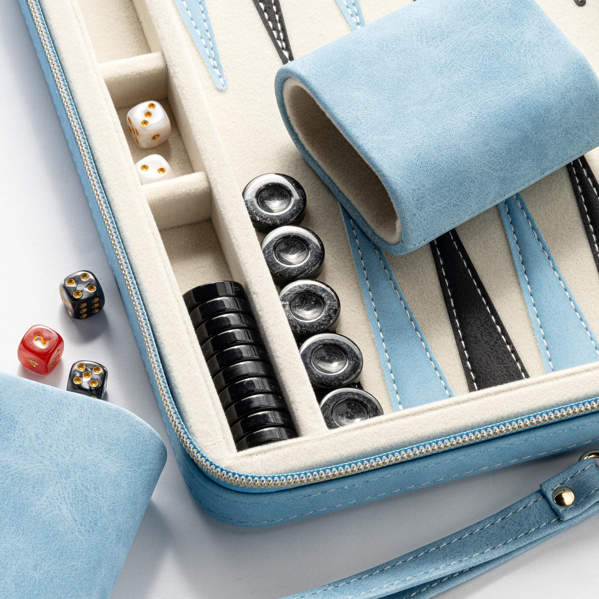 Lingle backgammon travel-compact size fits bag for on-the-go play.