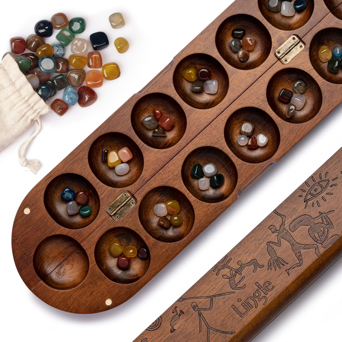 Lingle Deluxe Mancala board open shows real wood hinged design for durable play.