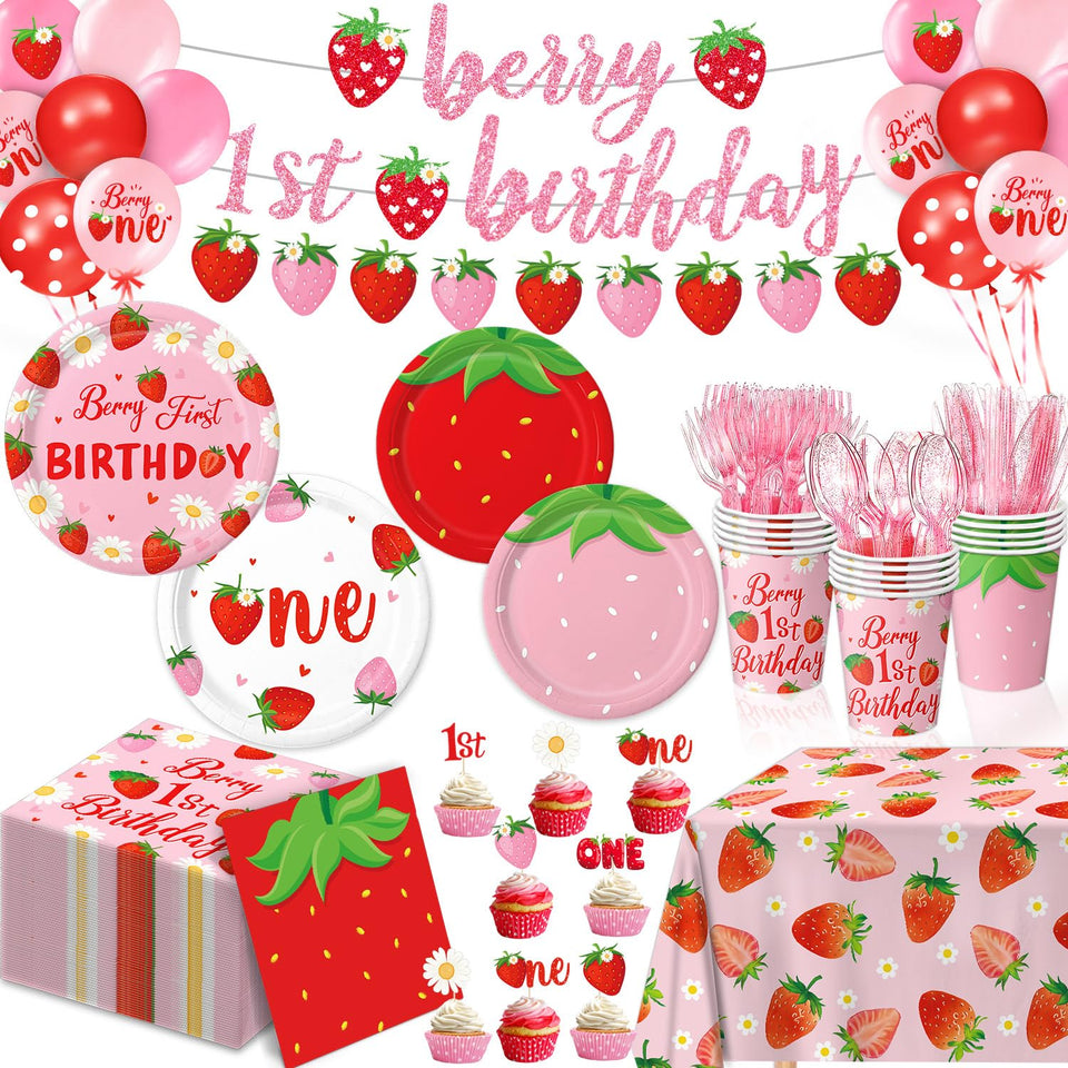 Linhaxm Berry First banner adds a festive strawberry-themed backdrop for photos