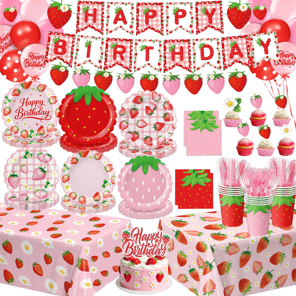 LINHAXM strawberry birthday decor set for a coordinated party look and easy setup