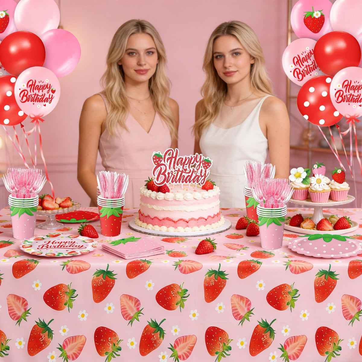 LINHAXM tablecloth and cake topper complete the berry decor