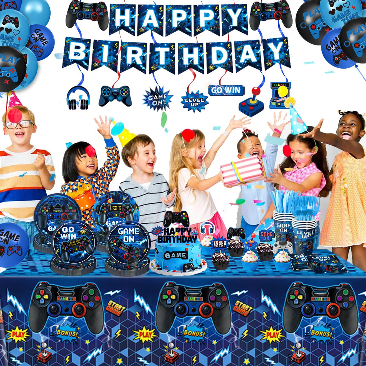 LINHAXM balloons brighten the gamer-themed party with festive accents.
