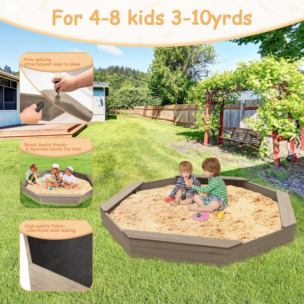Lininyhao sandbox with four benches providing seating during play sessions.