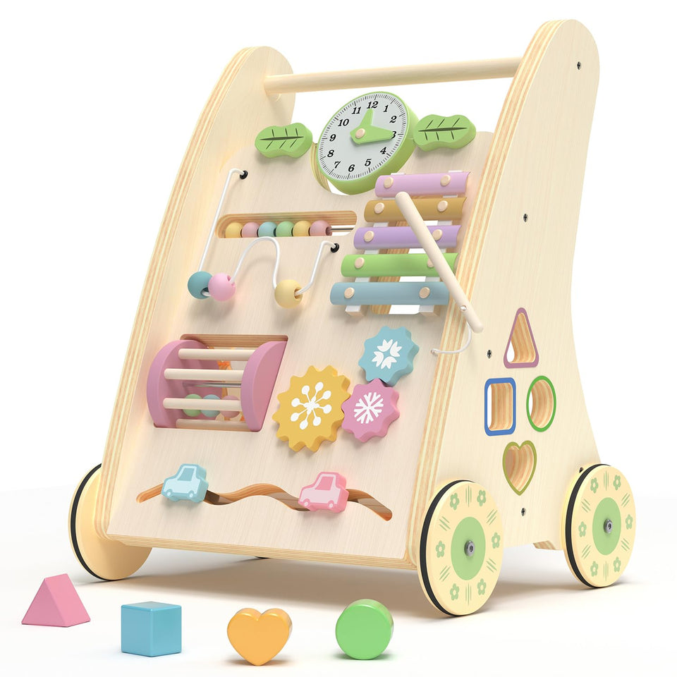 LININYHAO wooden baby walker with activity center for curious babies.