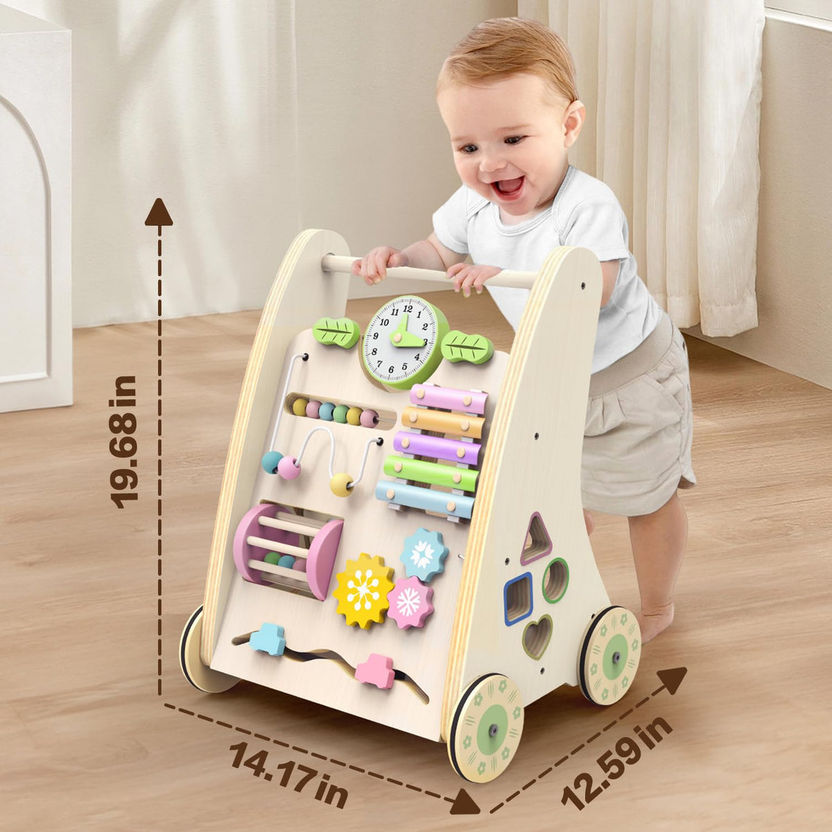 LININYHAO wooden baby walker displaying Montessori toys in action for early learning.