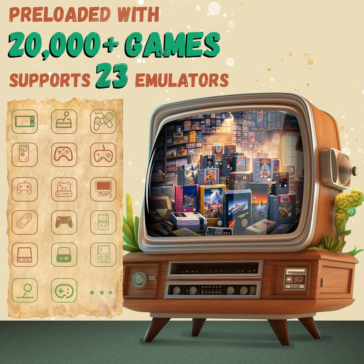 LINIREAU game stick with built-in 23 emulators for instant retro play.