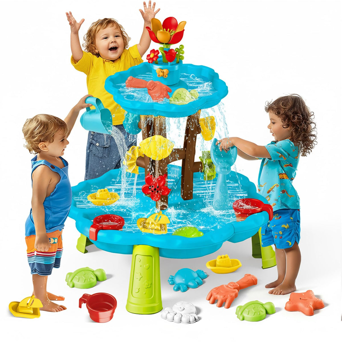 Linkowin Blossom sand and water table top view shows two-tier play setup for shared toddler play