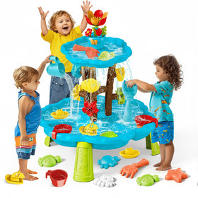 Linkowin Blossom sand and water table top view shows two-tier play setup for shared toddler play
