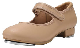 Linodes patent easy strap tap shoe brown close-up on adjustable Mary Jane strap for kids