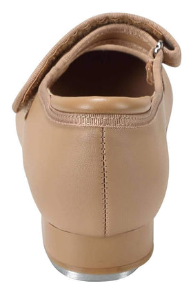 Linodes patent easy strap tap shoe tan matte PU upper close-up showing comfortable padded sole