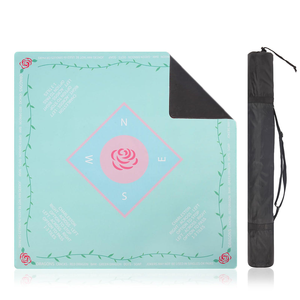 Linoows Mahjong Mat full-view shows mint backdrop with roses for stylish play