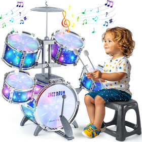 LinseyFun upgraded kids drum set with bass drum pedal enhances coordinated play and rhythm.