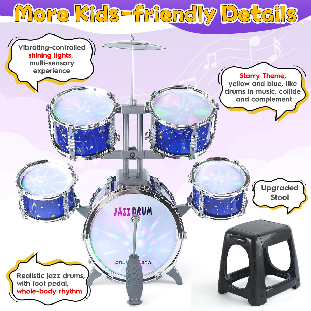 LinseyFun upgraded kids drum set cymbal adds bright accents to play sessions.