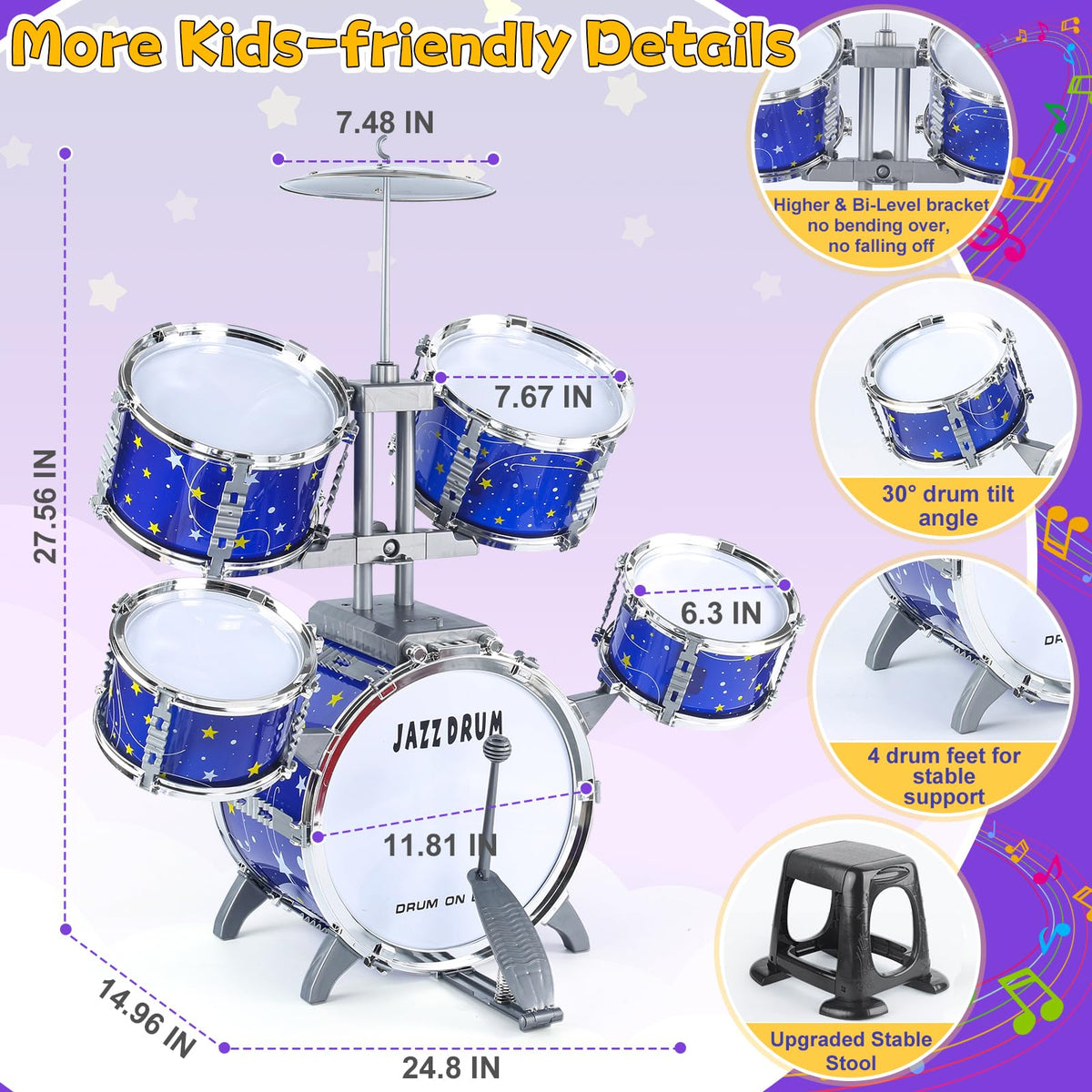 LinseyFun upgraded kids drum set shows medium drums ready for lively practice.