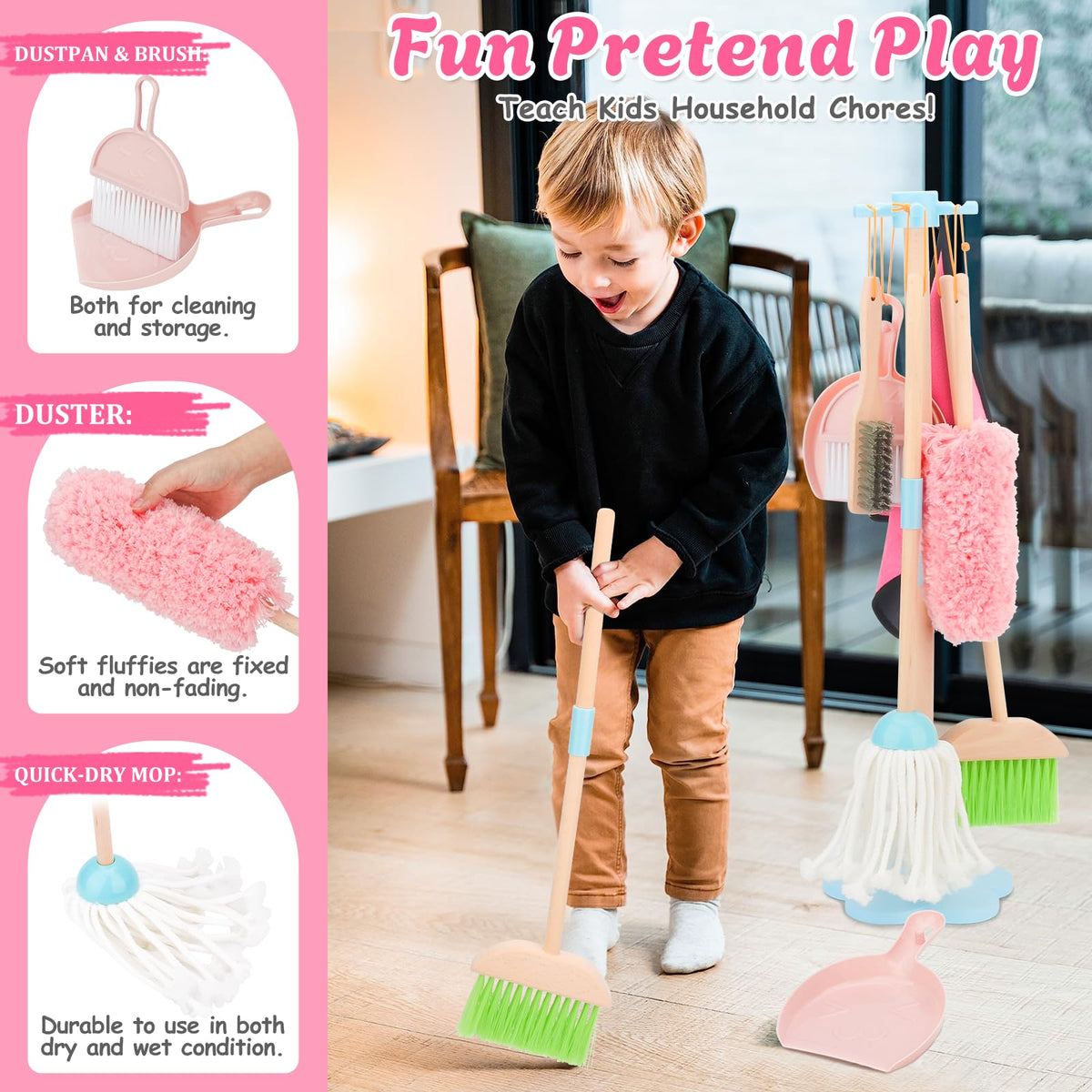 Lipneaed wooden rack for hanging tools keeps play area organized.