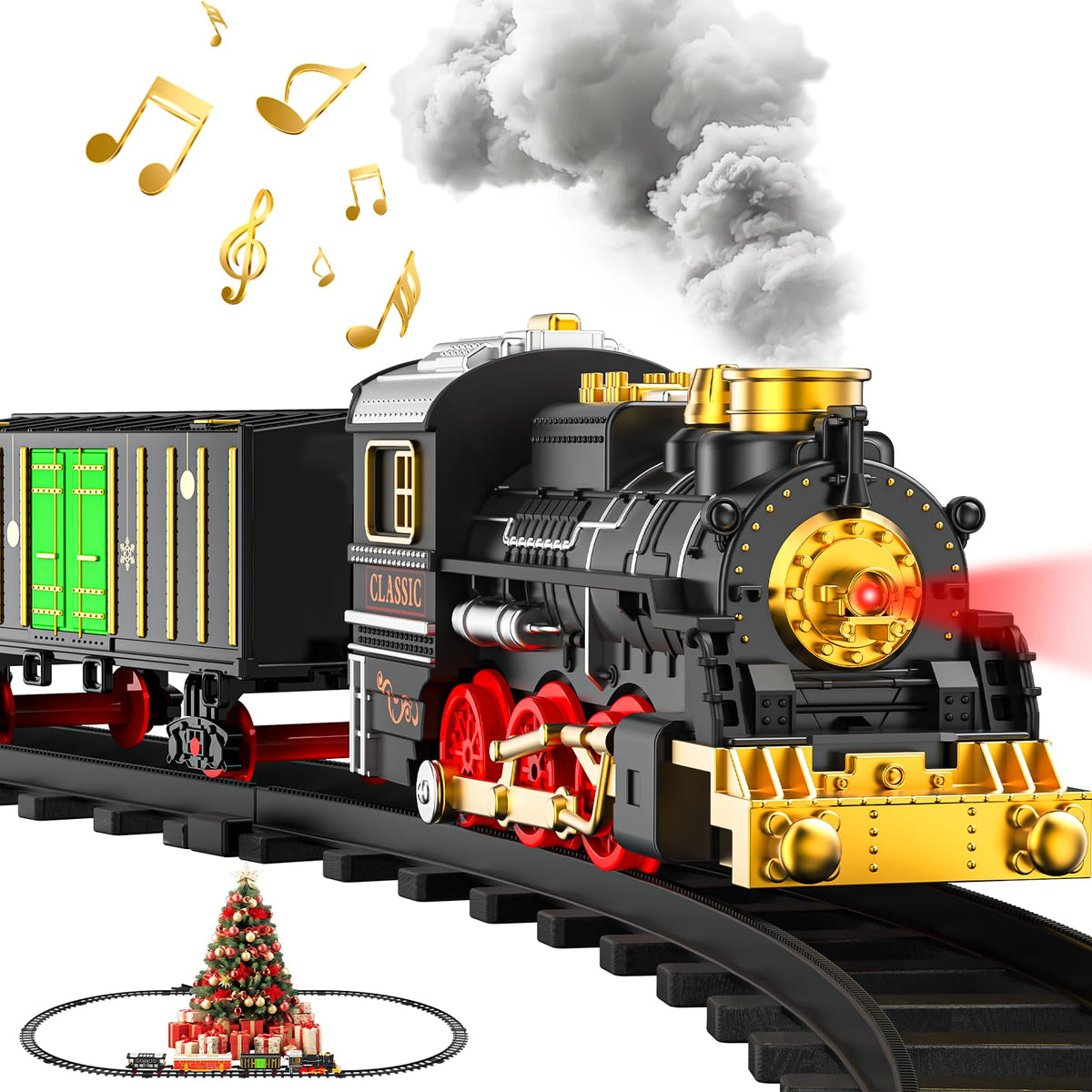 Lipneaed train set with smoke and lights enhances festive playtime for kids.