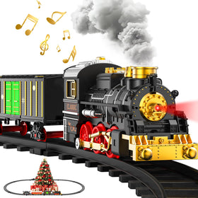 Lipneaed train set with smoke and lights enhances festive playtime for kids.