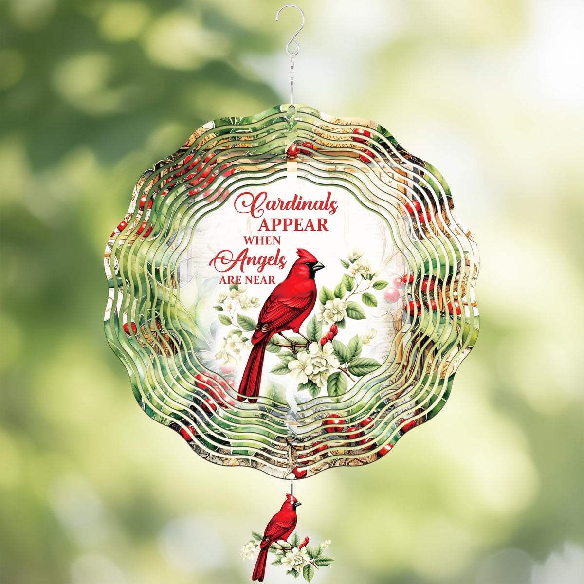 LIRAVENO Cardinal Wind Spinner 12-inch front view adds color to outdoor spaces.