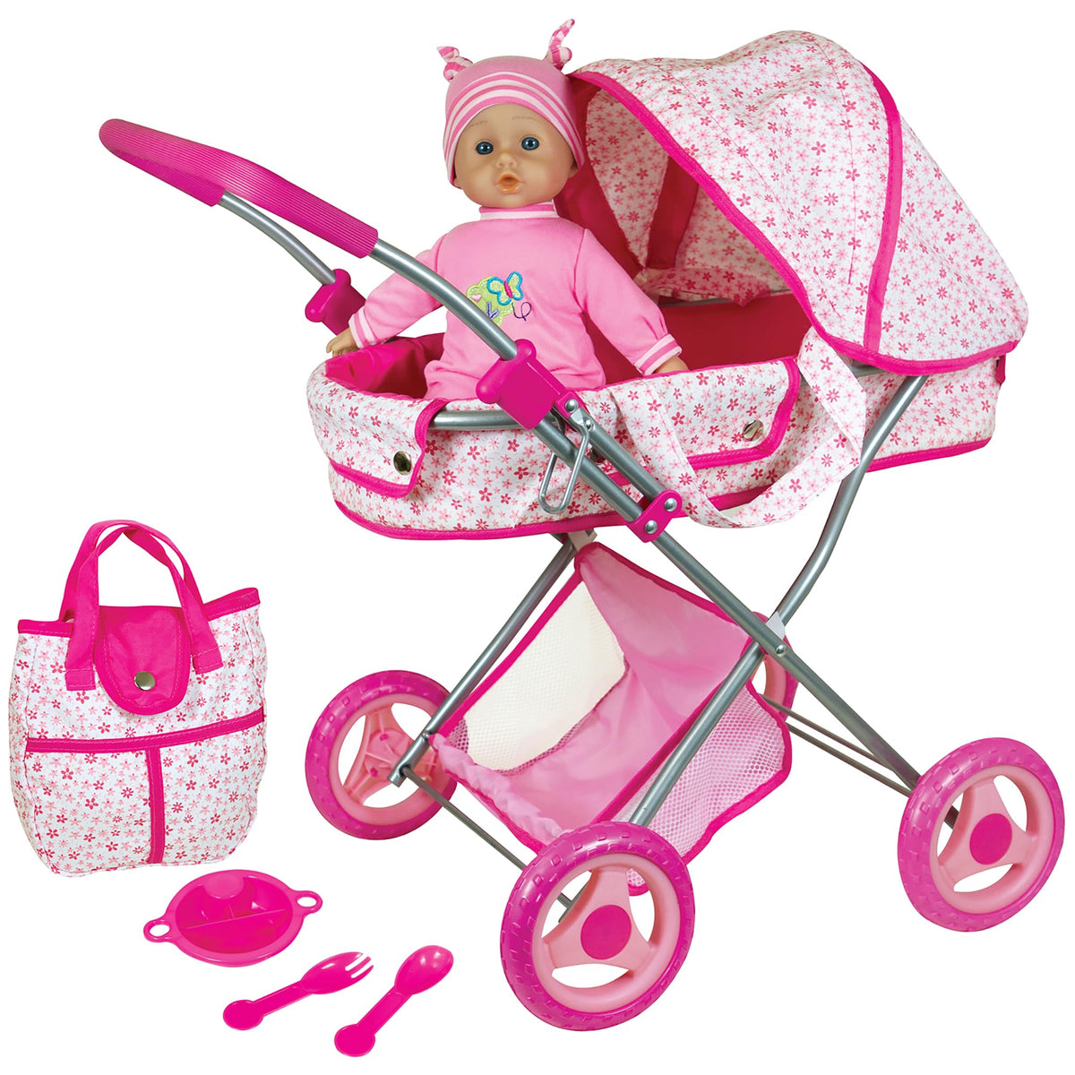 Lissi deluxe doll pram in pink and white floral design for imaginative strolls