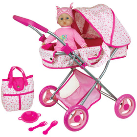 Lissi deluxe doll pram in pink and white floral design for imaginative strolls