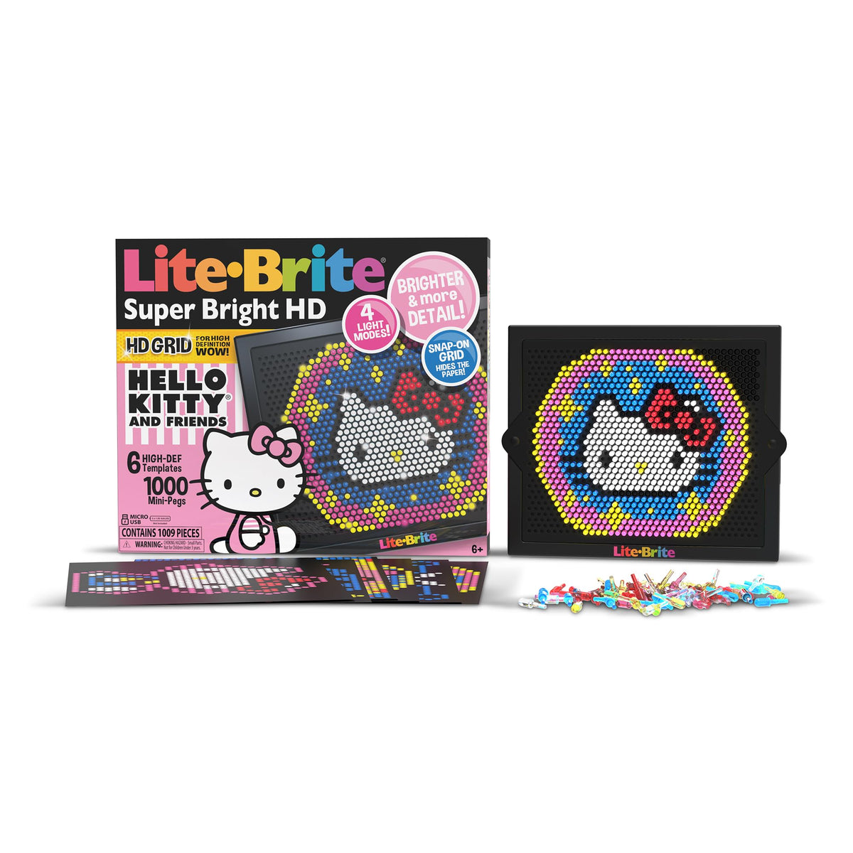 Lite Brite Hello Kitty Edition grid with vibrant LEDs for clear, glowing art sessions, great for late-night creativity