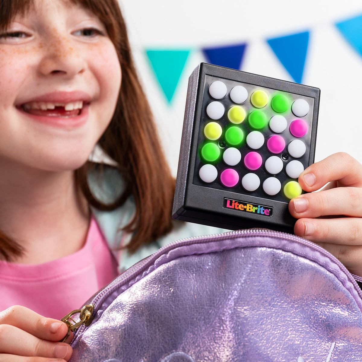 Lite Brite Touch Mini displaying seven color LEDs for vibrant art