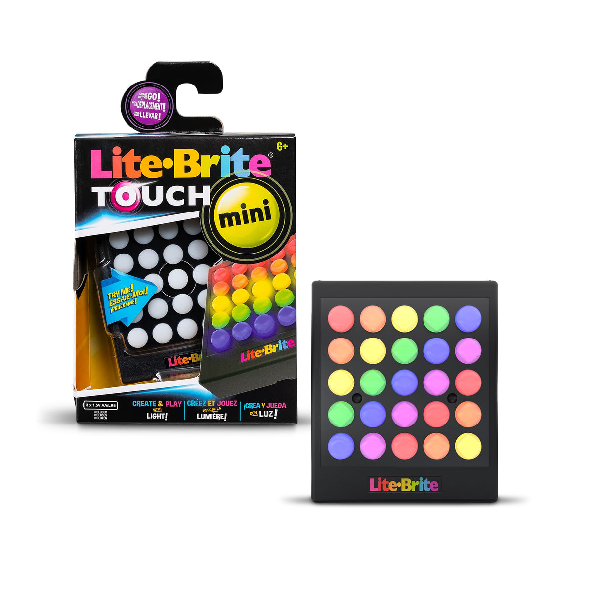Lite Brite Touch Mini showing a compact grid with glowing lights for on-the-go creativity