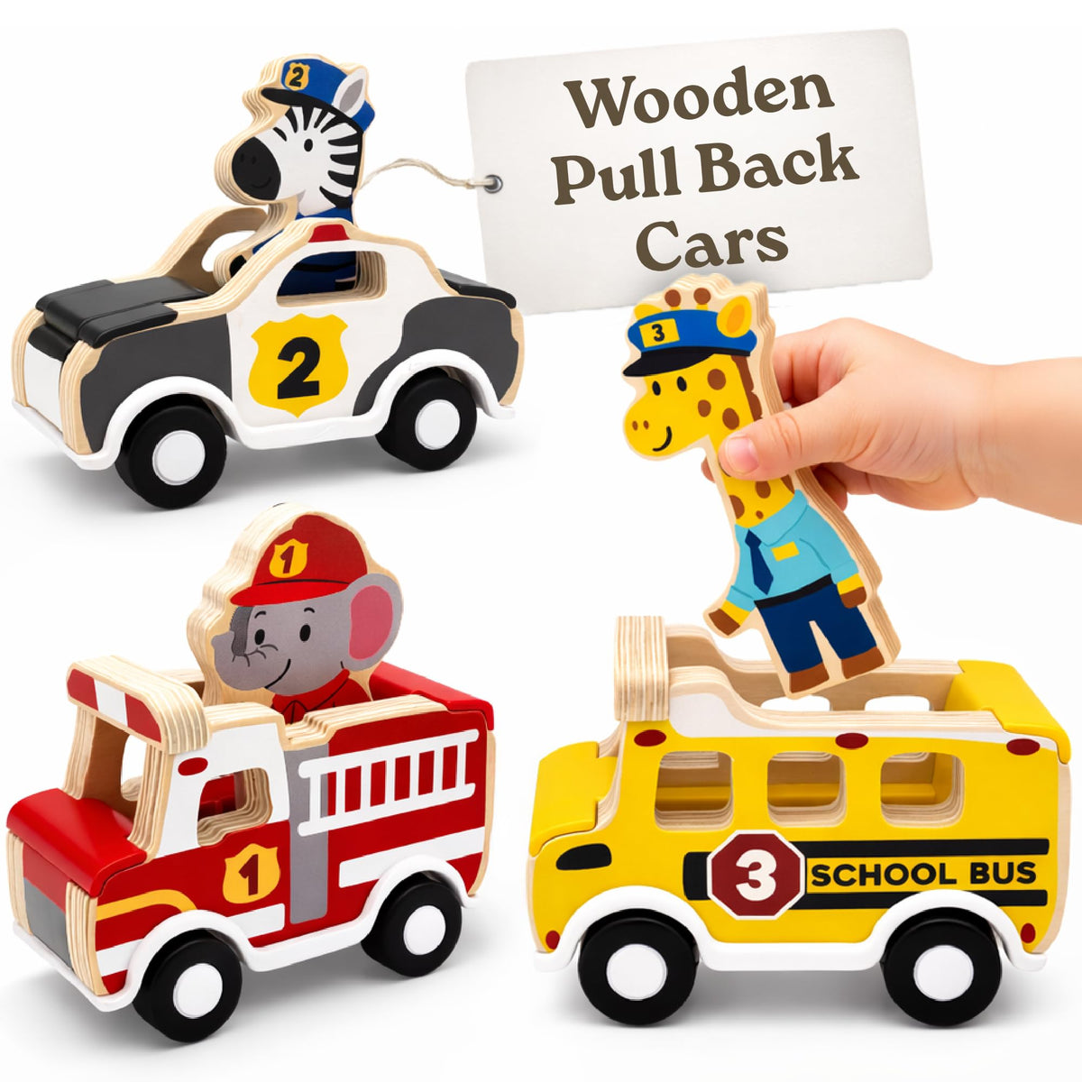 Little Acorn pull-back cars in natural wood boost early motor skills.