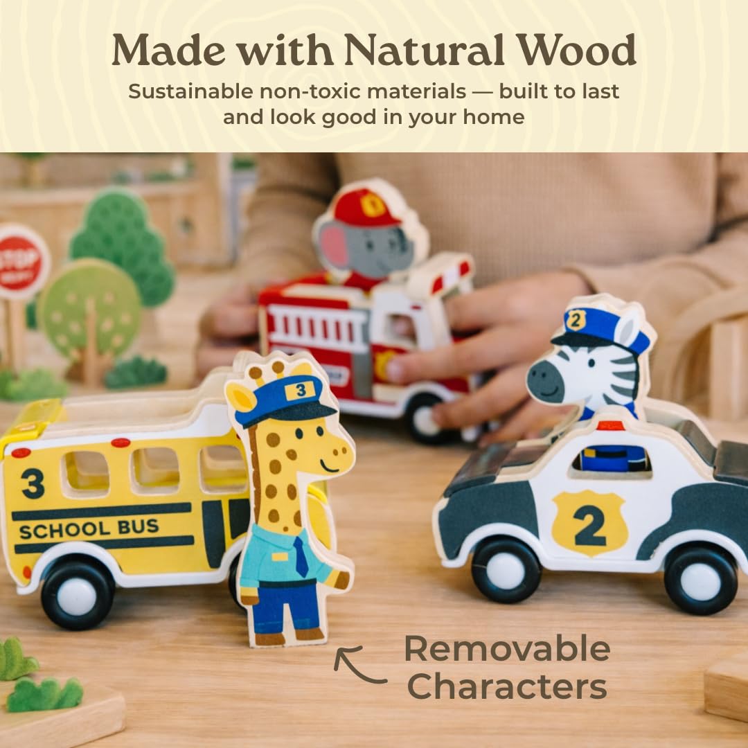 Little Acorn removable wooden characters press into the cars for sorting play.