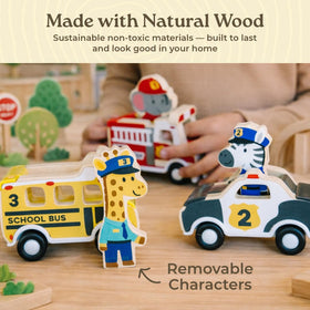 Little Acorn removable wooden characters press into the cars for sorting play.