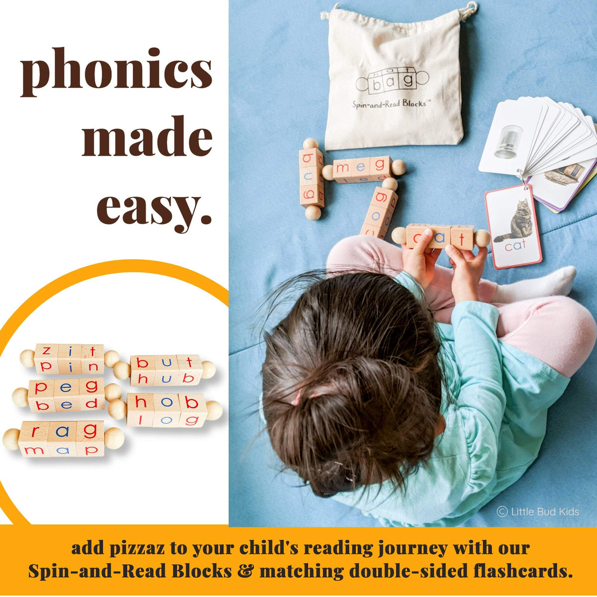 LITTLE BUD KIDS CVC flashcards back show the word alongside image.