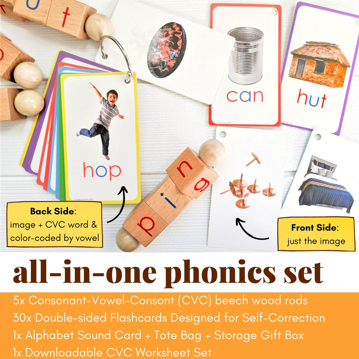 LITTLE BUD KIDS CVC flashcards front view supports word-building practice.