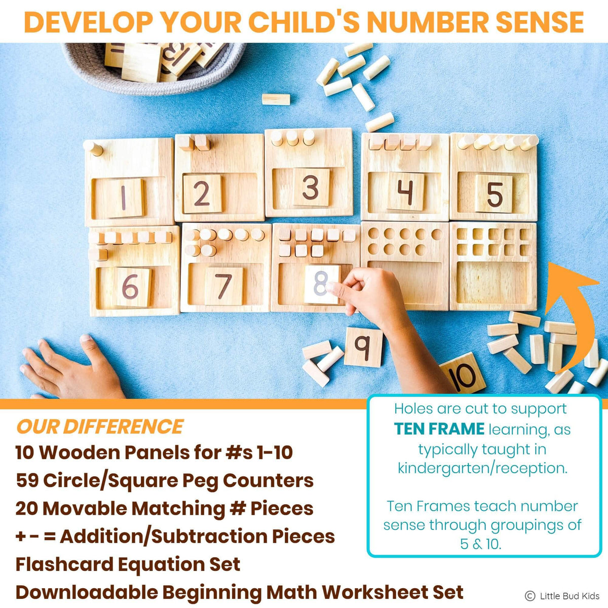 Little Bud Kids number panels movable pegs support hands-on counting and simple operations.