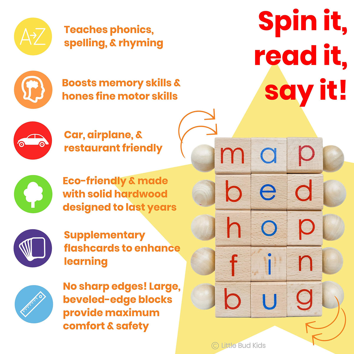 LITTLE BUD KIDS rotating letter rods enhance phonics practice.