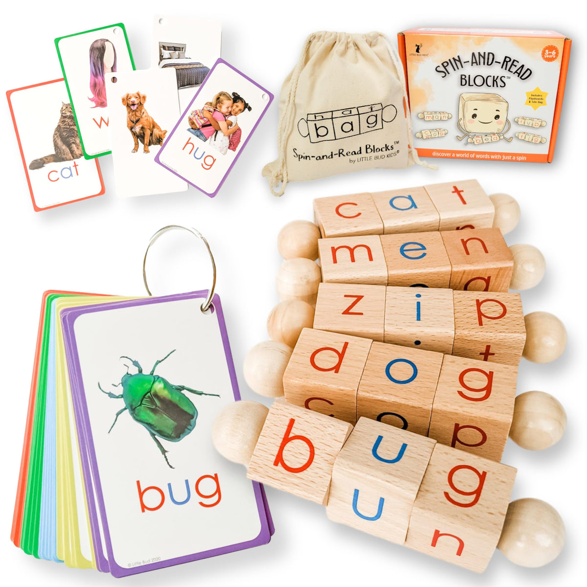 LITTLE BUD KIDS Spin-and-Read blocks closeup encourage early reading with rotating blocks.