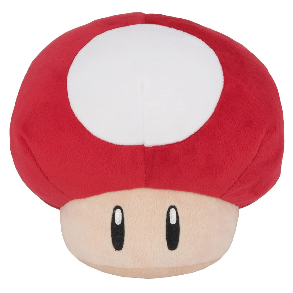 Little Buddy Super Mushroom plush 7 inch; official Mario collectible for display or gifting.