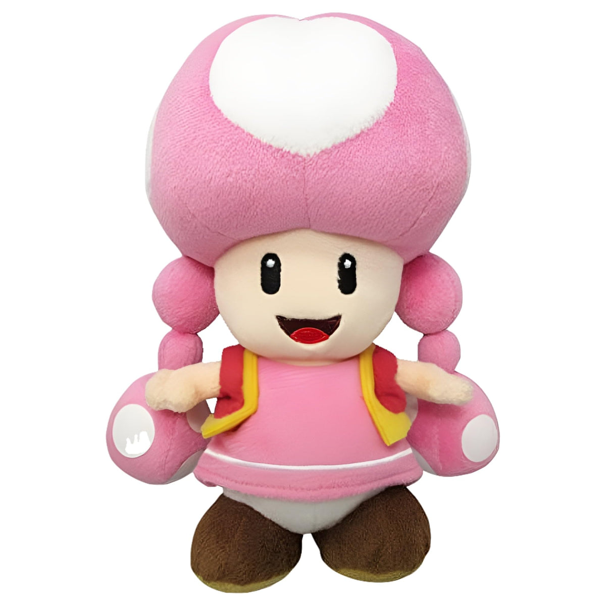 Little Buddy Toadette plush on shelf, ideal for gifting and decor.