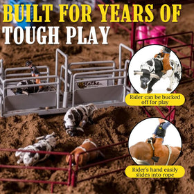 Little Buster Bucking Bulls spotted bull with rider highlights rodeo energy on shelves.